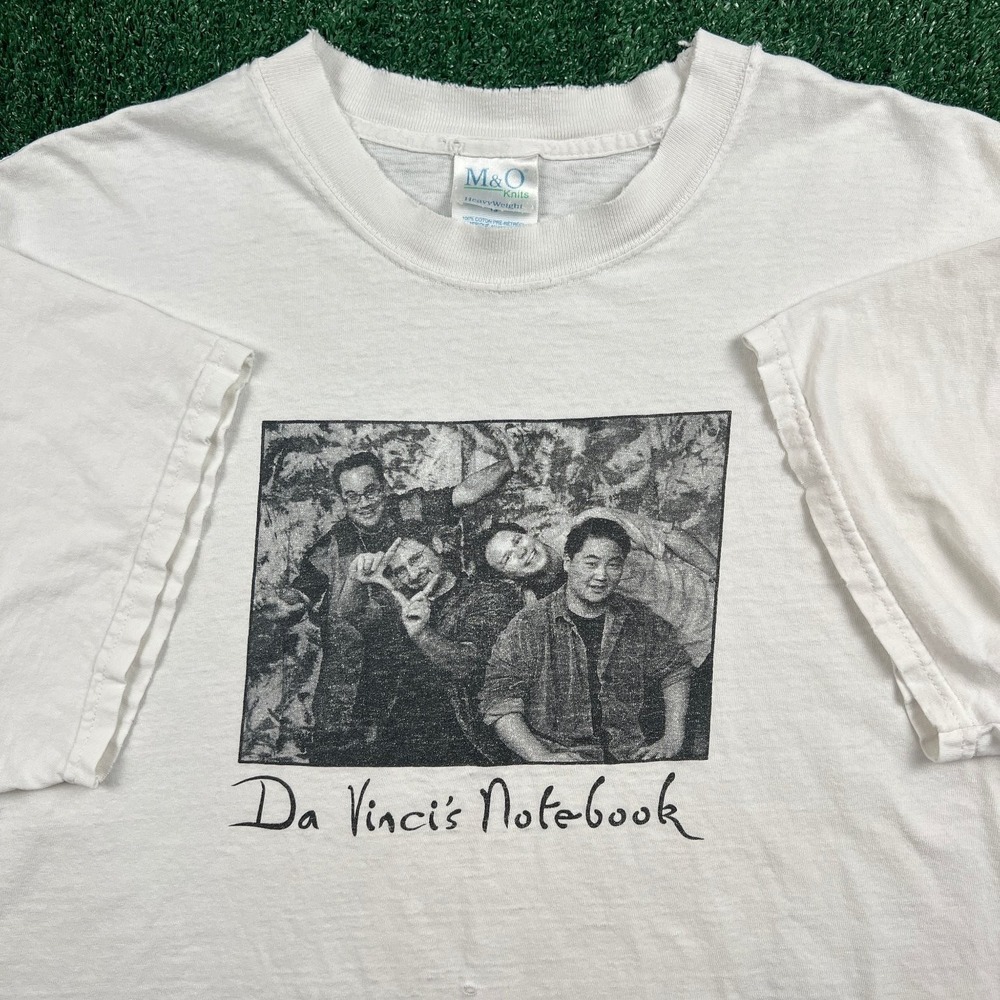 VTG M&O Knits T-Shirt Men's White XL Da Vinci's Notebook Band Graphic Cotton Y2K